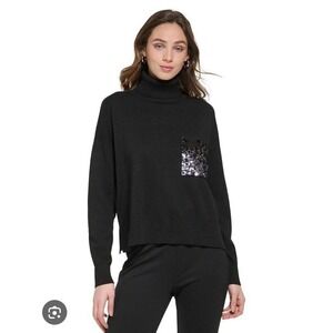 DKNY Turtleneck Sweater Women Black New Sequin Pocket Cotton Blend Boxy‎ Fit